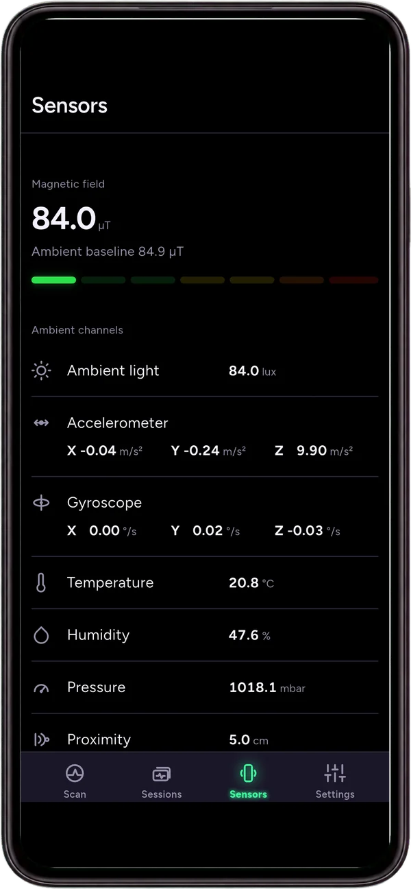 The Ectograph sensors screen: magnetic field, ambient light, accelerometer, gyroscope, temperature, humidity, pressure and proximity, all reading live.