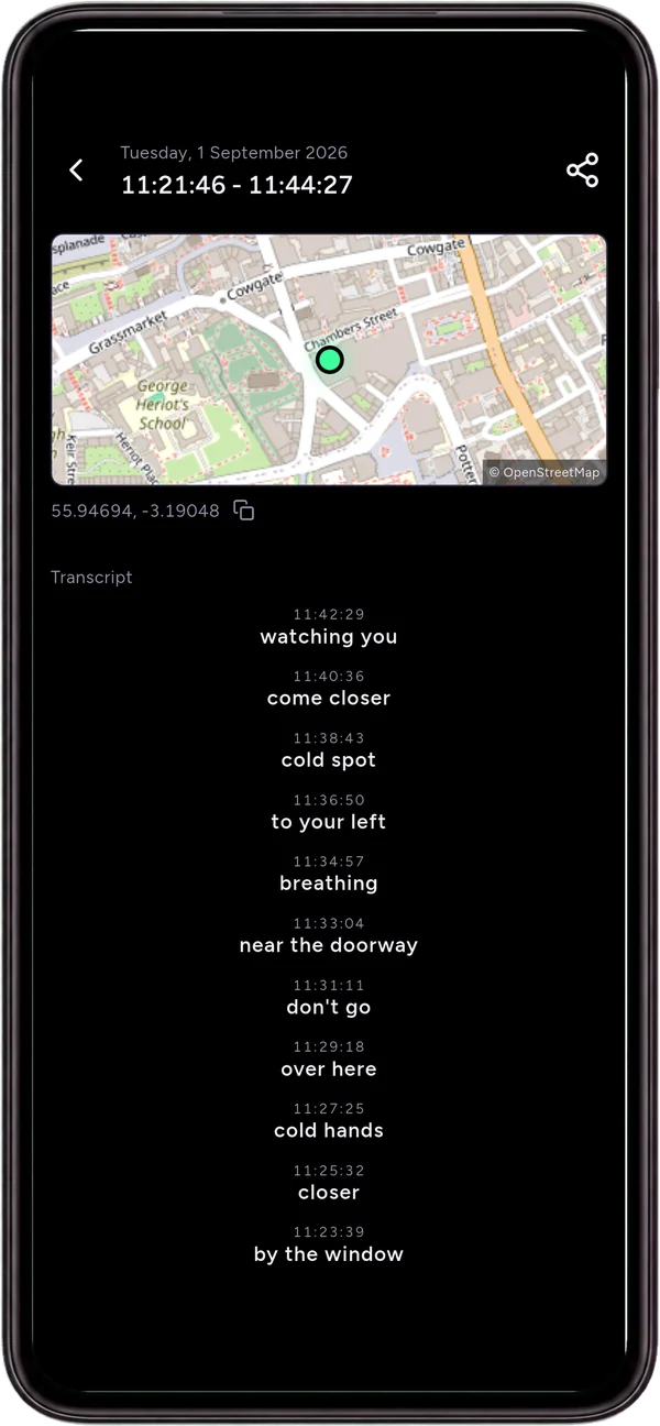 A saved Ectograph session: the map of where it was recorded, above the full transcript with a timestamp on every word.